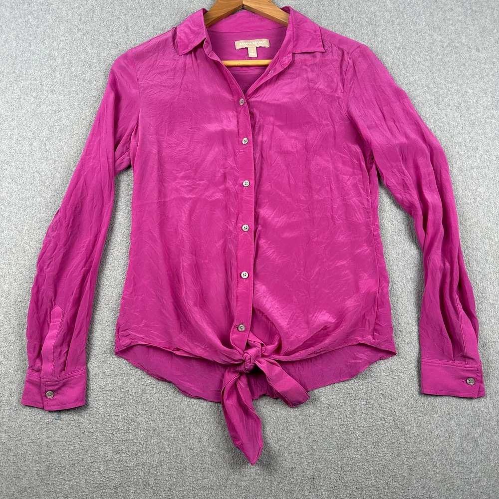 Banana Republic Silk Top Womens 2 WKLSTFRTSILKTP Magenta Tie Front Button Down
